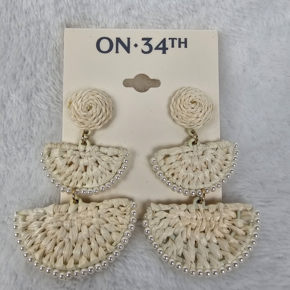 On 34th White Woven Statement Earrings Boho Raffia Beaded
